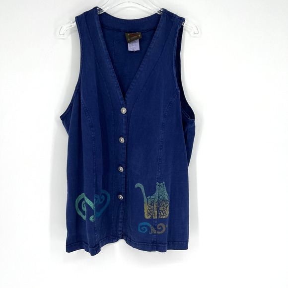 Vtg Blue Cactus Vest Womens 1X Blue Cat Lagenlook Artsy Tank Top Cottagecore - Picture 1 of 7